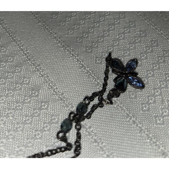 1928 Black and Blue Butterfly Gem Necklace Gunmetal Victorian Revival Goth 18" - Picture 11 of 12